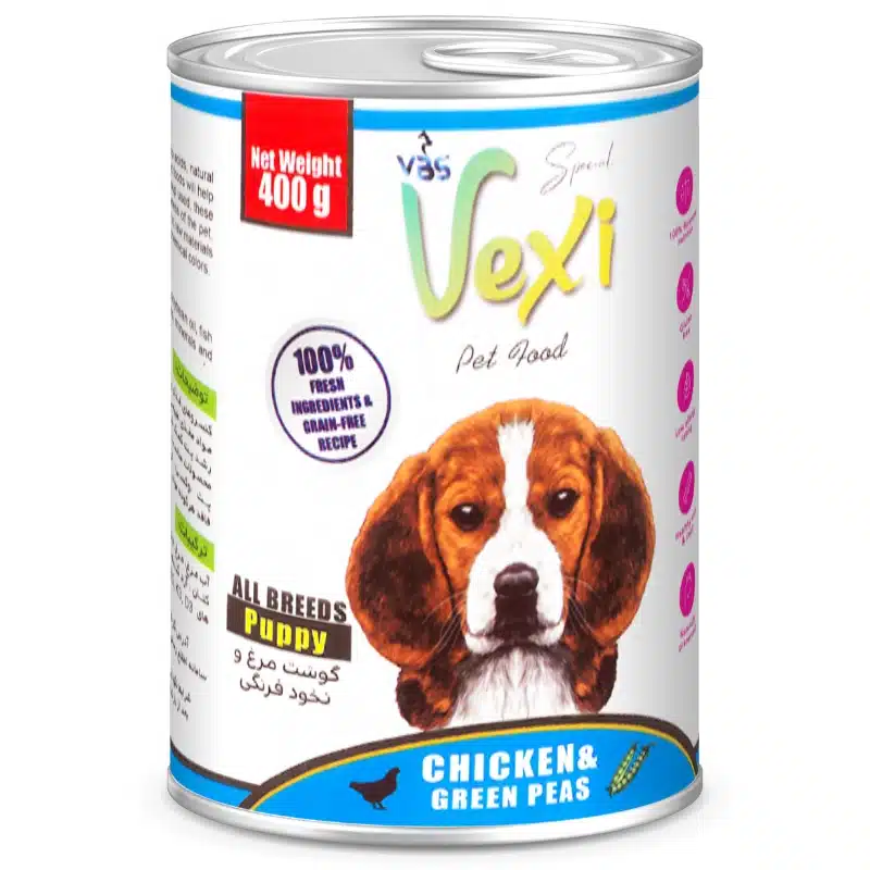 کنسرو توله سگ وکسی مدل پته با طعم مرغ و نخود فرنگی 400 گرمی